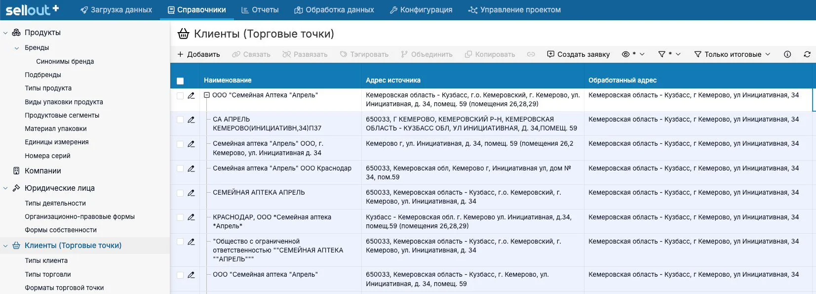 Справочник торговых точек в SellOut+: одна аптека в отчетах с разными вариантами адреса и обработанный адрес